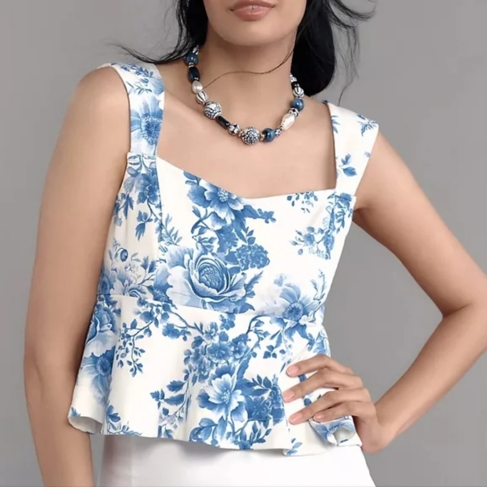 Maeve Anthropologie Blue Foral Peplum Cropped Top In XL
